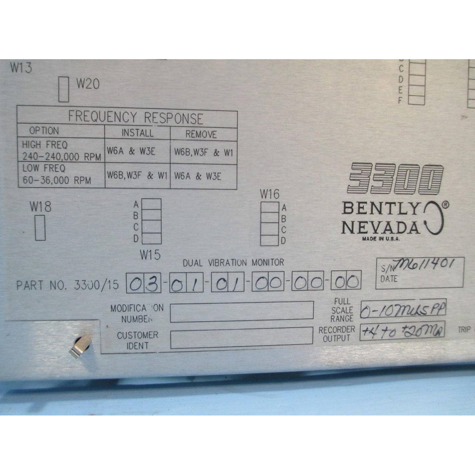 3300/15-03-01-01-00-00-00 Dual Vibration Monitor 78392-01 Bently Nevada