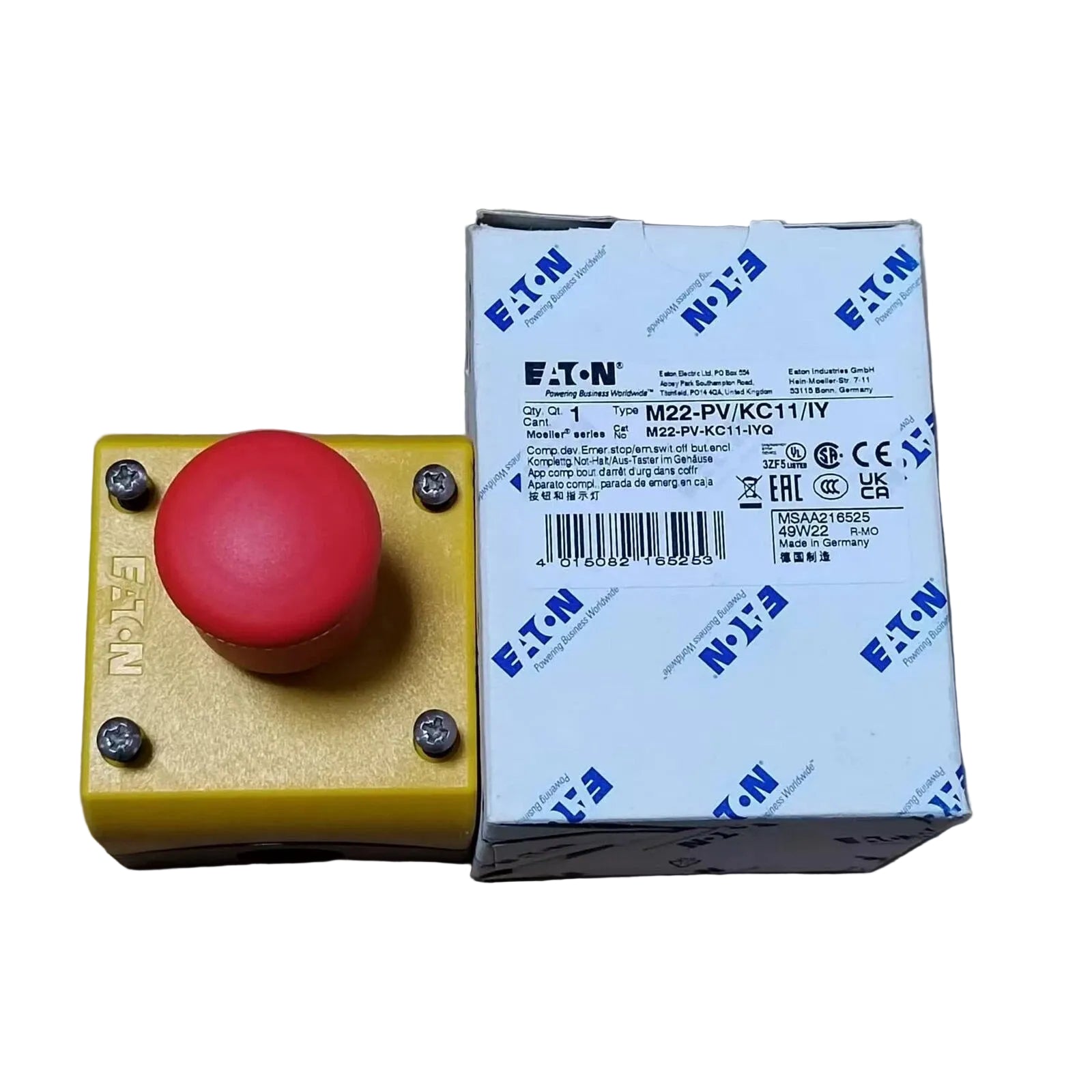 Eaton M22-PV/KC11/IY Emergency Stop Pushbutton Surface Mount 1NO/1NC